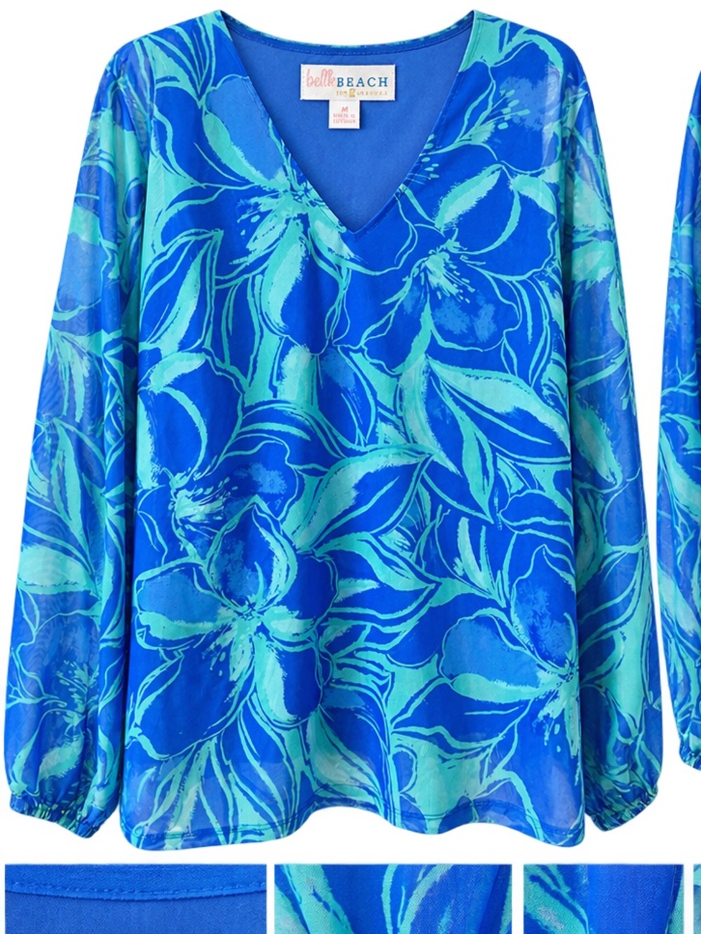 Belle by Kim Gravel Blue & Teal Floral V-Neck Long Sleeve Top